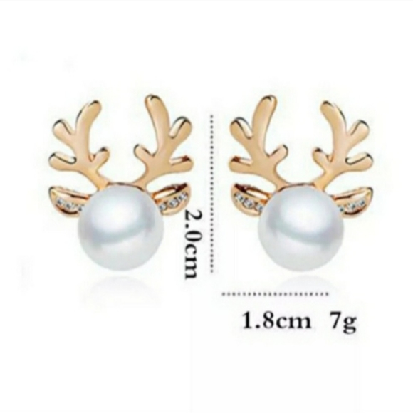 Silver Rhinestone Faux Pearl Reindeer Stud Earrings - Picture 7 of 7